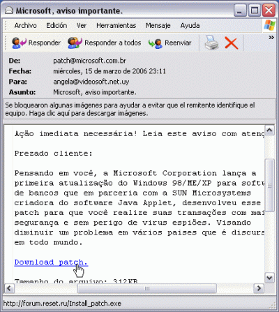El mensaje que aquí mostramos, también simula ser enviado por Microsoft.