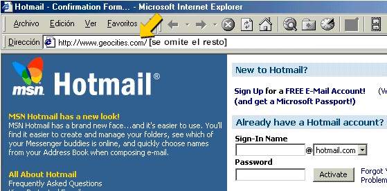 El URL que aparece en la barra de direcciones claramente menciona un sitio de Geocities.