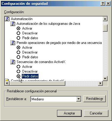 Busque en la lista de Configuraci�n, "Automatizaci�n" y marque la opci�n "Pedir datos" bajo "Secuencias de comandos ActiveX".