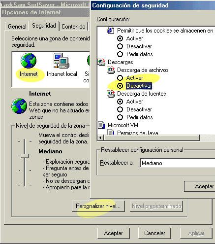 Herramientas, Opciones de Internet, Seguridad, Internet, Personalizar nivel, Descargas, tildar la casilla "Desactivar" en Descarga de archivos.