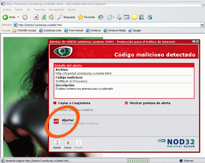 Cuando NOD32 detecta este exploit, por ejemplo al visitar una página web maliciosa, solo es necesario hacer clic en el botón "ABORTAR" para interrumpir la descarga del código