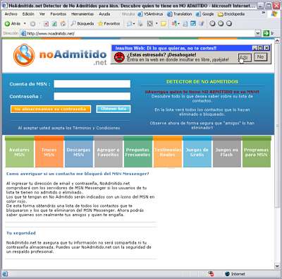 Cuando el usuario sigue el enlace, se muestra un sitio donde se le solicita su cuenta de MSN y su contraseña