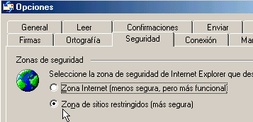En el Outlook Express y Outlook, aseg�rese de tener marcada la opci�n "Zona de sitios restringidos (m�s segura)"