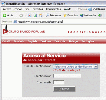 En condiciones normales, la barra de direcciones mostrar� la direcci�n del banco, y no la que realmente contiene la p�gina, como se aprecia en la captura.