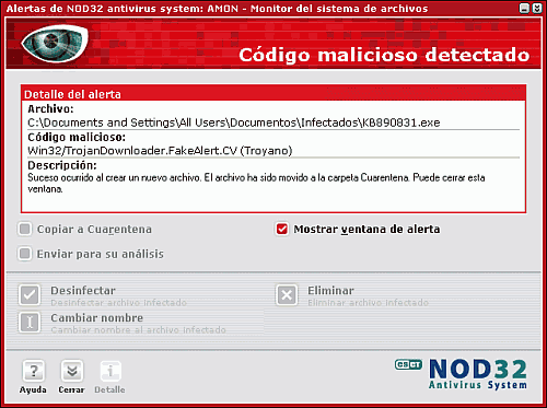 La verdadera ventana de alerta de la versi�n 2.7 de NOD32