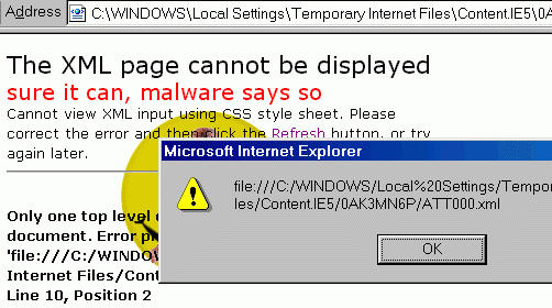 Este c�digo malicioso producir� un error en el analizador XML pero ejecutar� el HTML y el scripting.